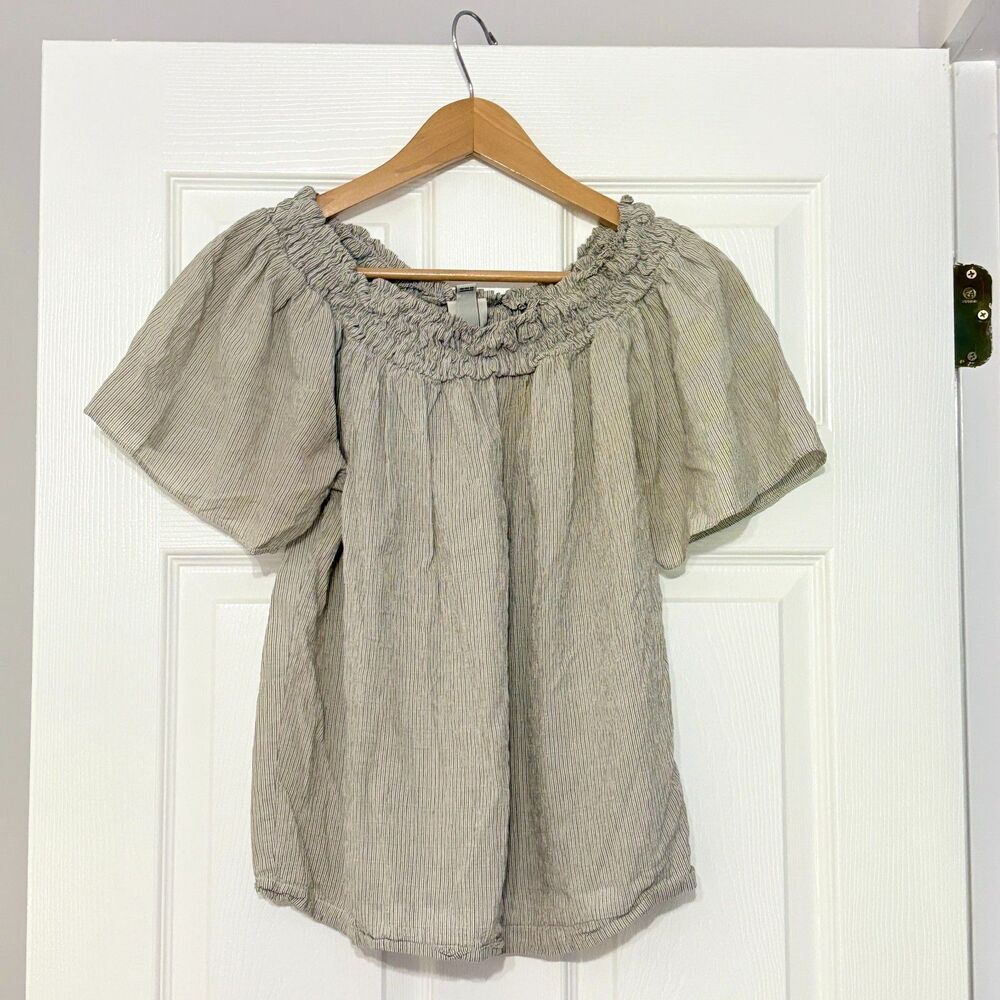 A New Day Blouse Womens M Gray Striped Smocked Neck Flutter Sleeve Boho Summer